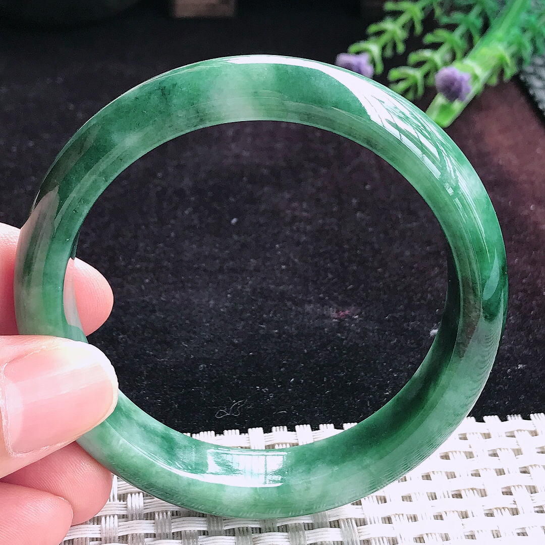 实拍A货翡翠56.5/12.8/8老坑温润特色飘花手镯宽边玉镯平安镯手环