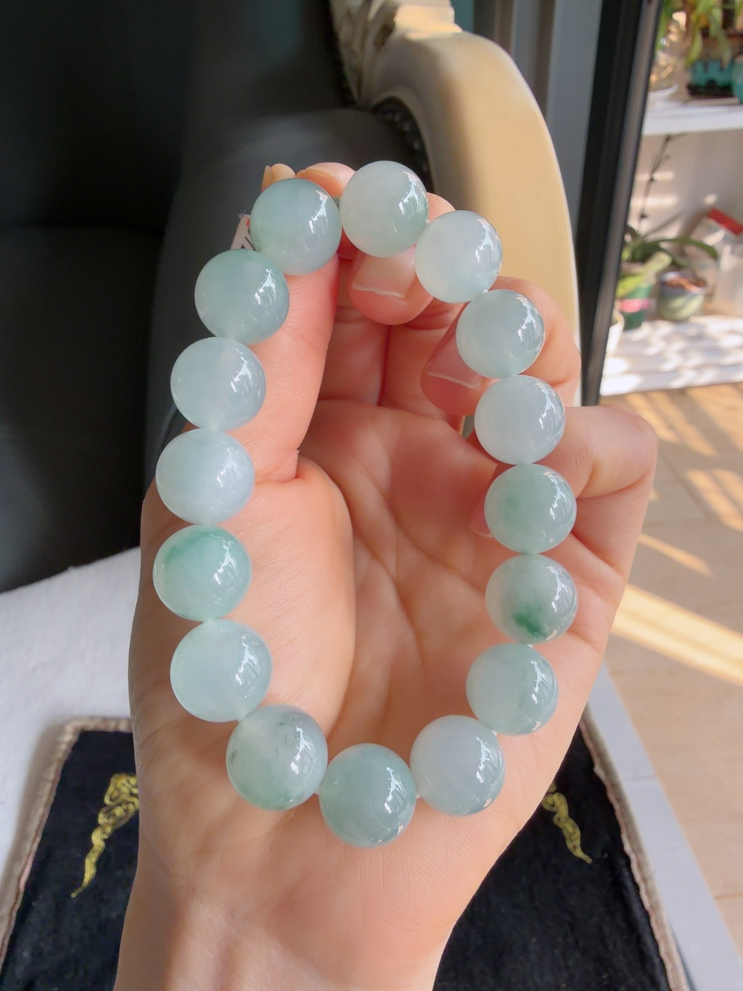 天然翡翠A货，冰飘花手链，尺寸：12.6mm。【编2337】