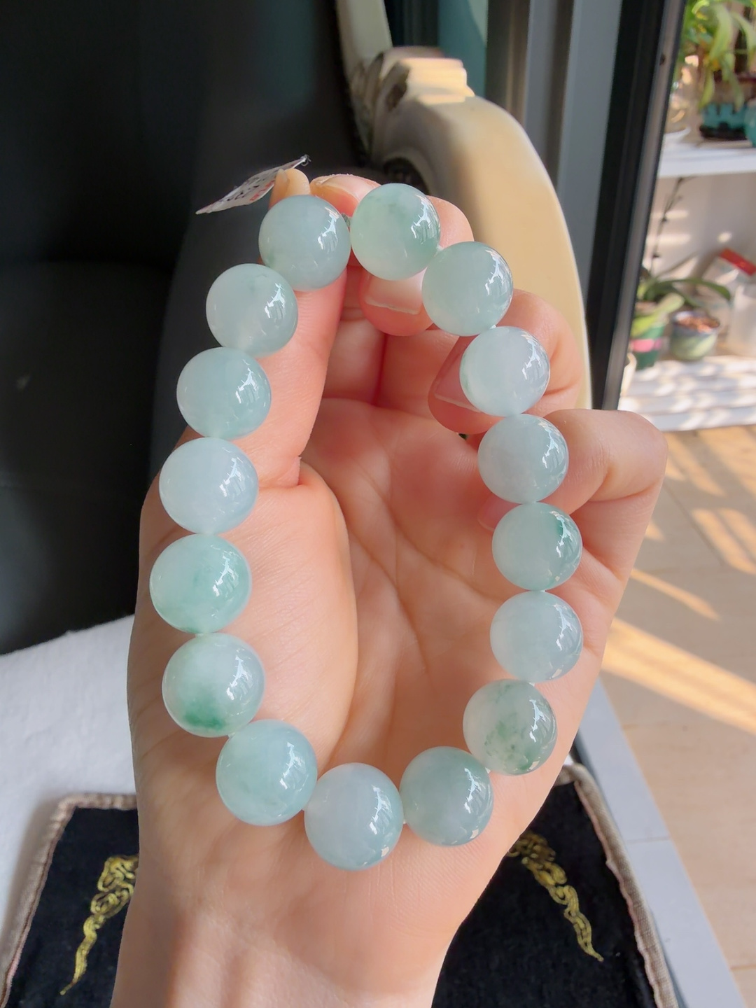天然翡翠A货，冰飘花手链，尺寸：12.6mm。【编2337】