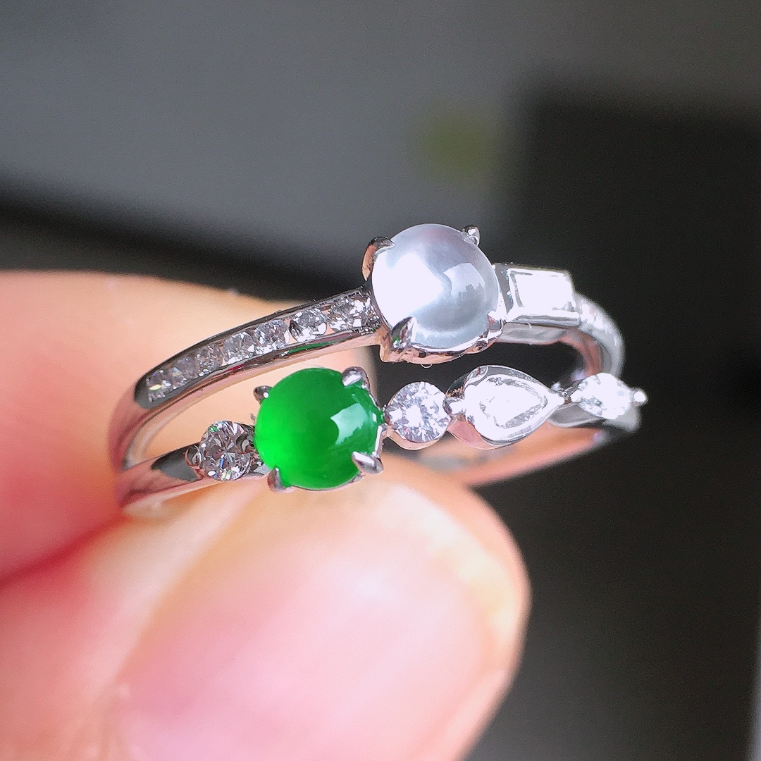 ️（冰+绿）二合一戒指，18k金豪华镶嵌，无裂，种水超好，玉质细腻。，8.6-7.3-4.3