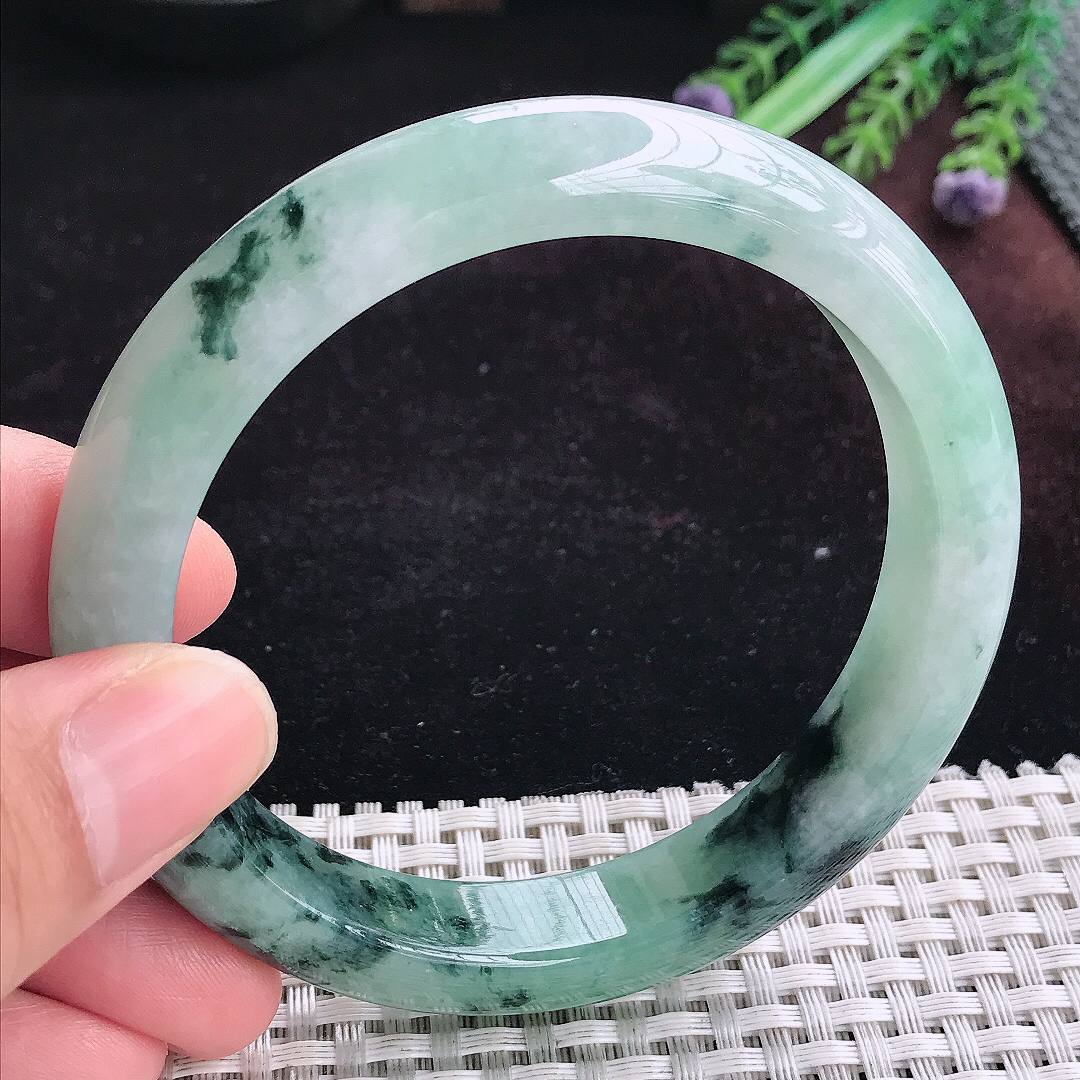 实拍A货翡翠62.5/12.6/8.8大圈口老坑温润特色飘花手镯宽边玉镯平安镯手环