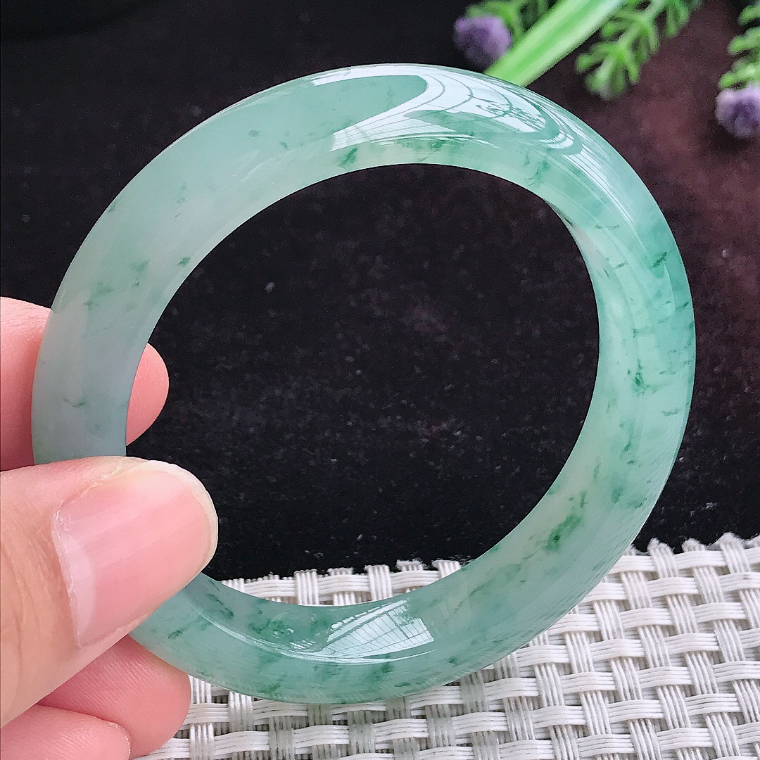 实拍A货翡翠51.5/11.5/8.3小圈口老坑冰飘花手镯宽边玉镯平安镯手环