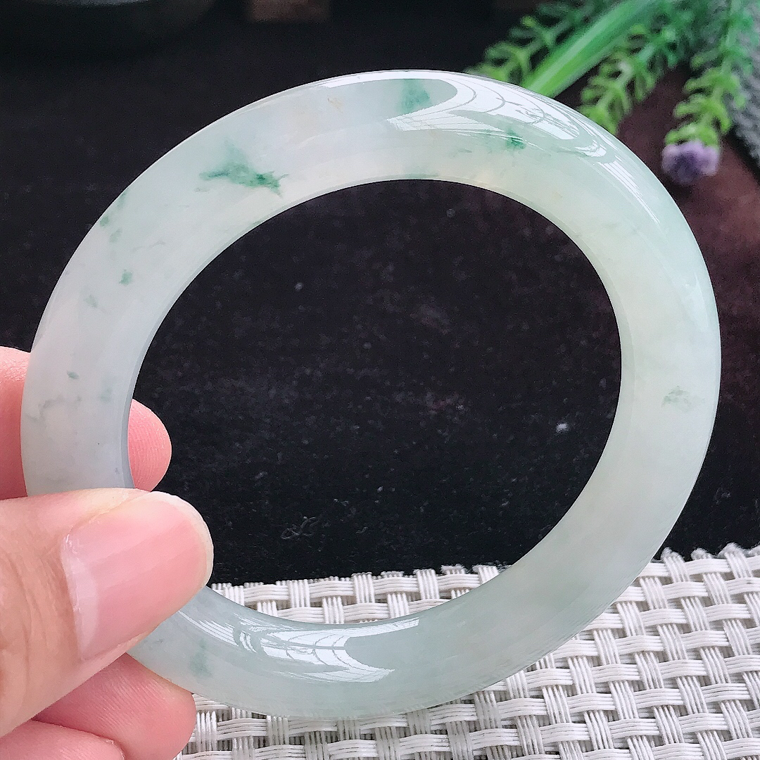 实拍A货翡翠55/10.1/10.6老坑冰润起胶冰飘花圆条手镯平安镯手环