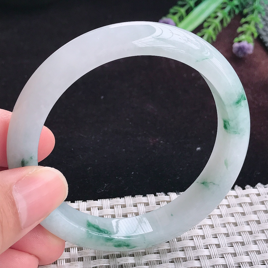 实拍A货翡翠58.8/11.9/8.3老坑温润冰飘花手镯宽边玉镯平安镯手环
