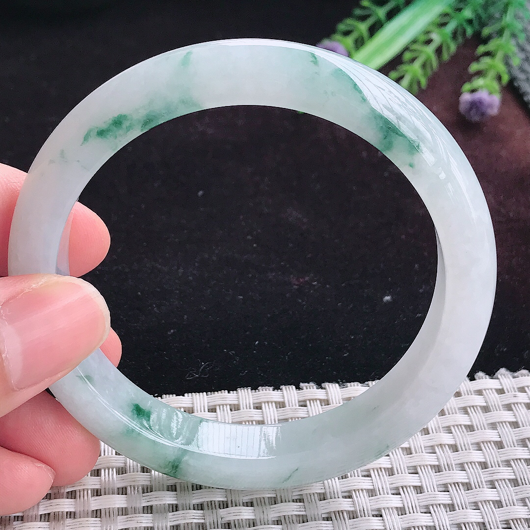 实拍A货翡翠58.8/11.9/8.3老坑温润冰飘花手镯宽边玉镯平安镯手环