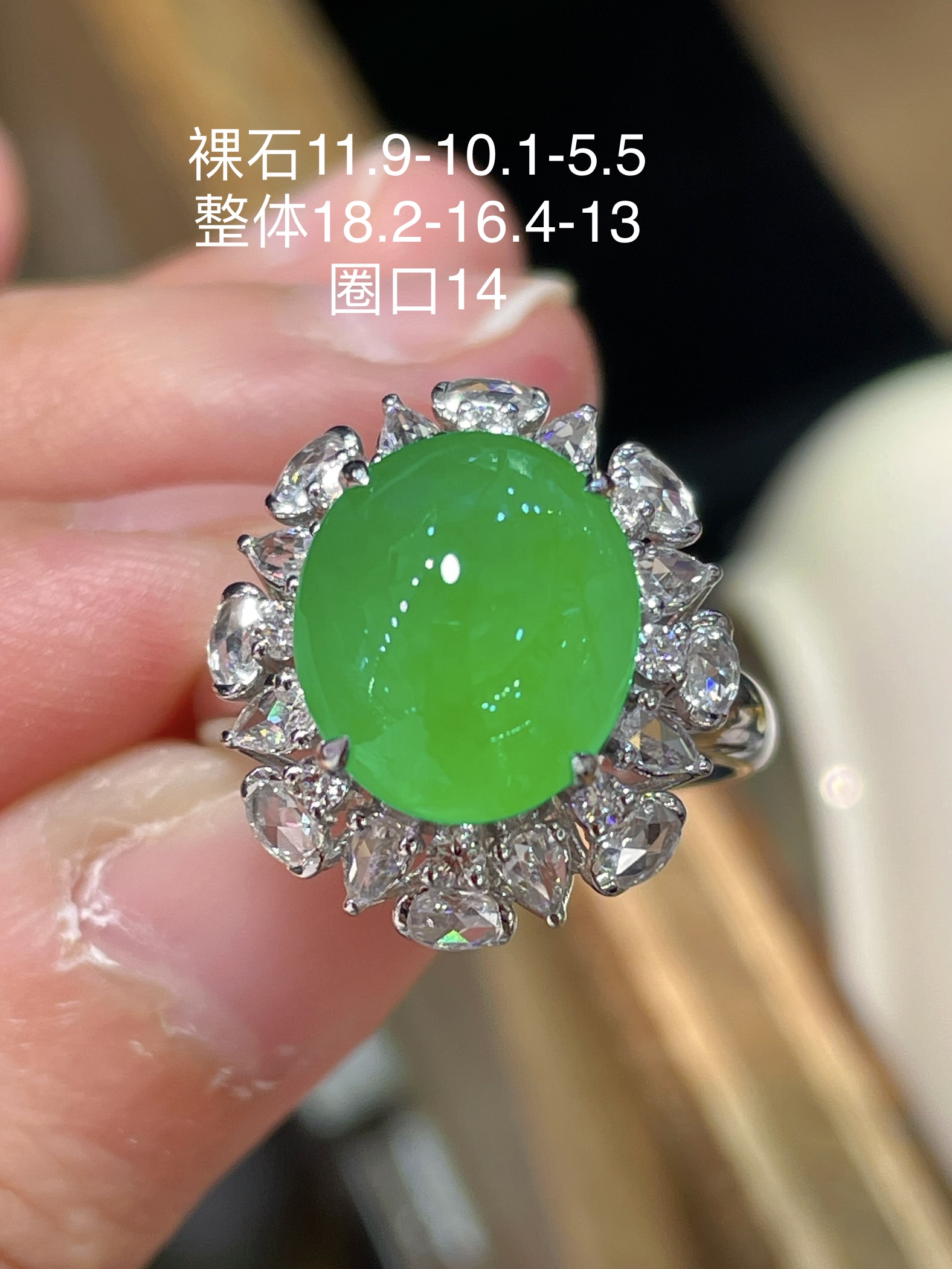 性比高 翡翠蛋面戒指，形状饱满圆润 品相特别好，满色，品相好 胶感十足，11.9-10.1-5.5