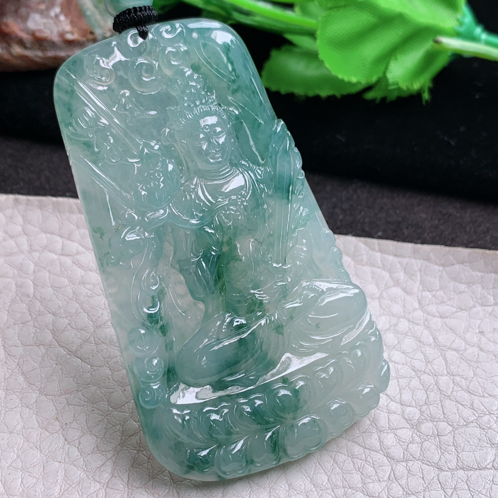 csy实拍68.5*40*5.8天然缅甸翡翠冰飘花虚空藏菩萨吊坠