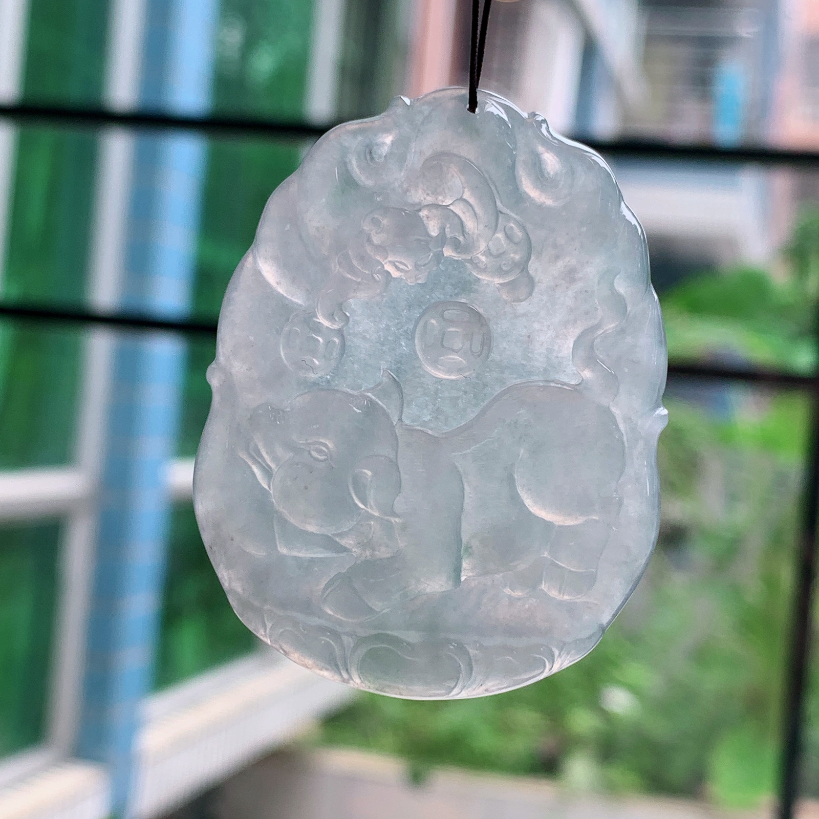 ktj实拍51.3*39.5*5.8缅甸翡翠精雕高品质冰纯招财猪 生肖猪玉吊坠