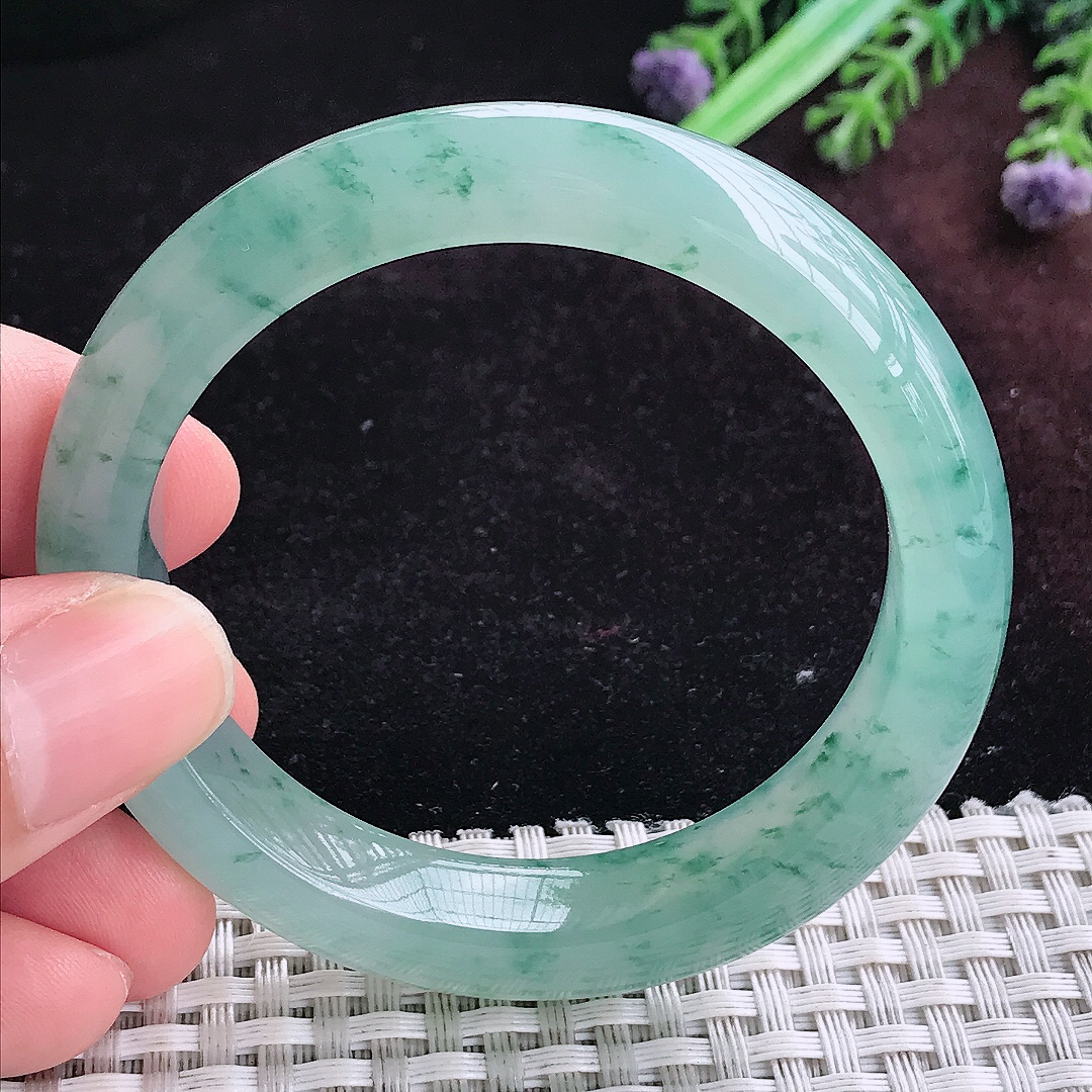 实拍A货翡翠51.5/11.5/8.3小圈口老坑冰飘花手镯宽边玉镯平安镯手环
