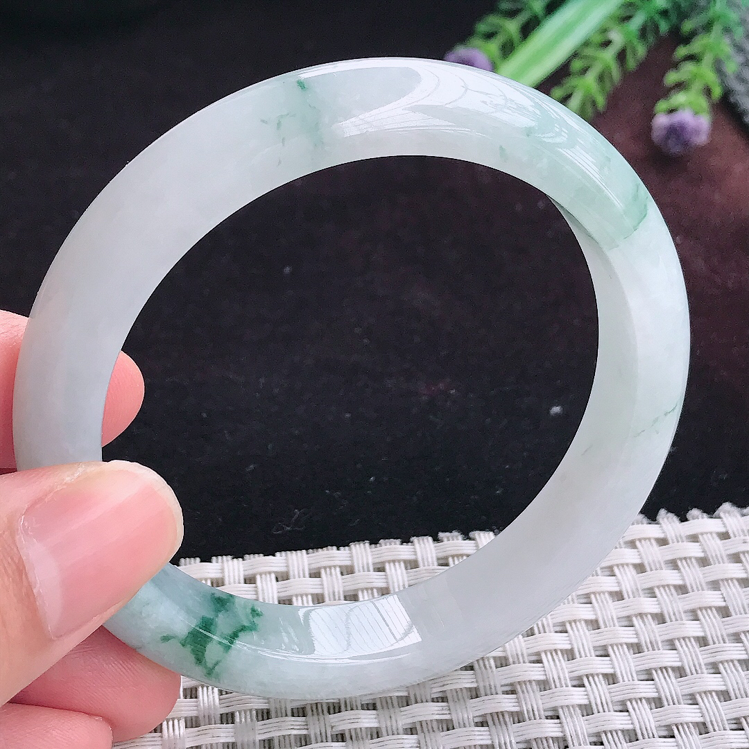实拍A货翡翠58.8/11.9/8.3老坑温润冰飘花手镯宽边玉镯平安镯手环