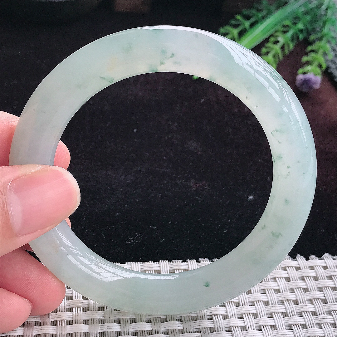 实拍A货翡翠55/10.1/10.6老坑冰润起胶冰飘花圆条手镯平安镯手环