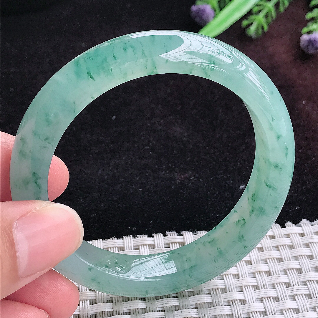 实拍A货翡翠51.5/11.5/8.3小圈口老坑冰飘花手镯宽边玉镯平安镯手环