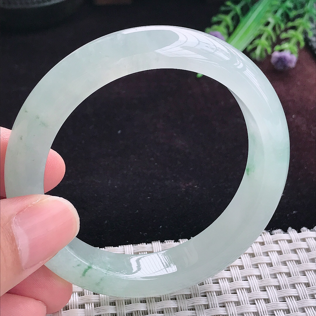 实拍A货翡翠55.5/12.7/8.8老坑冰胶冰飘花手镯宽边玉镯平安镯手环
