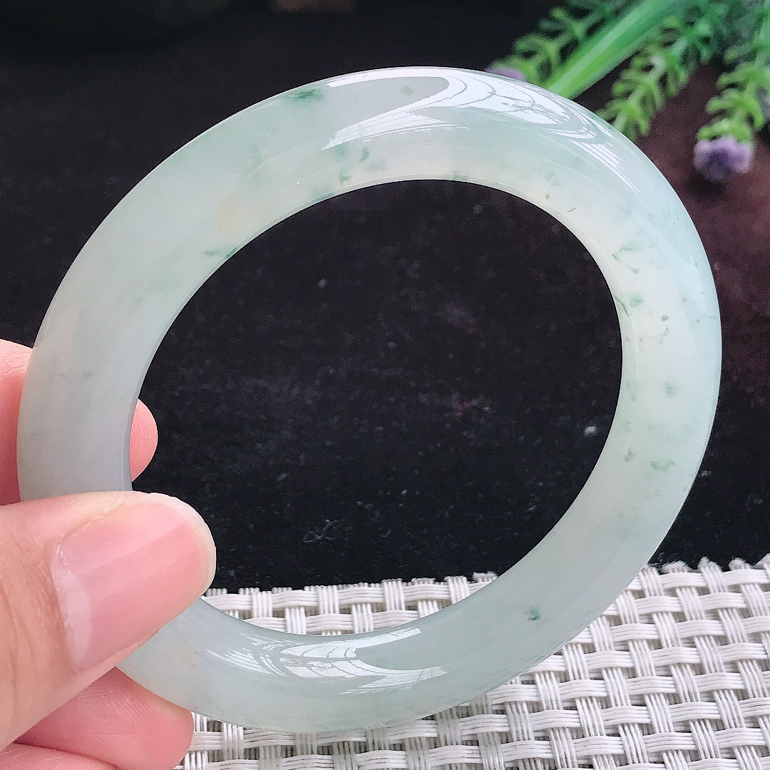实拍A货翡翠55/10.1/10.6老坑冰润起胶冰飘花圆条手镯平安镯手环