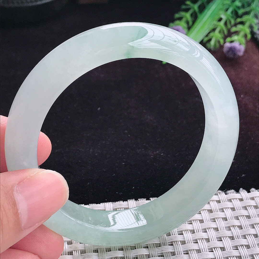实拍A货翡翠55.5/12.7/8.8老坑冰胶冰飘花手镯宽边玉镯平安镯手环