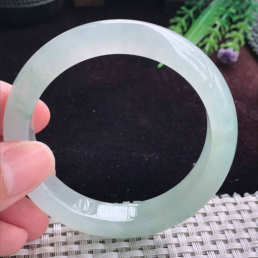实拍A货翡翠55.5/12.7/8.8老坑冰胶冰飘花手镯宽边玉镯平安镯手环