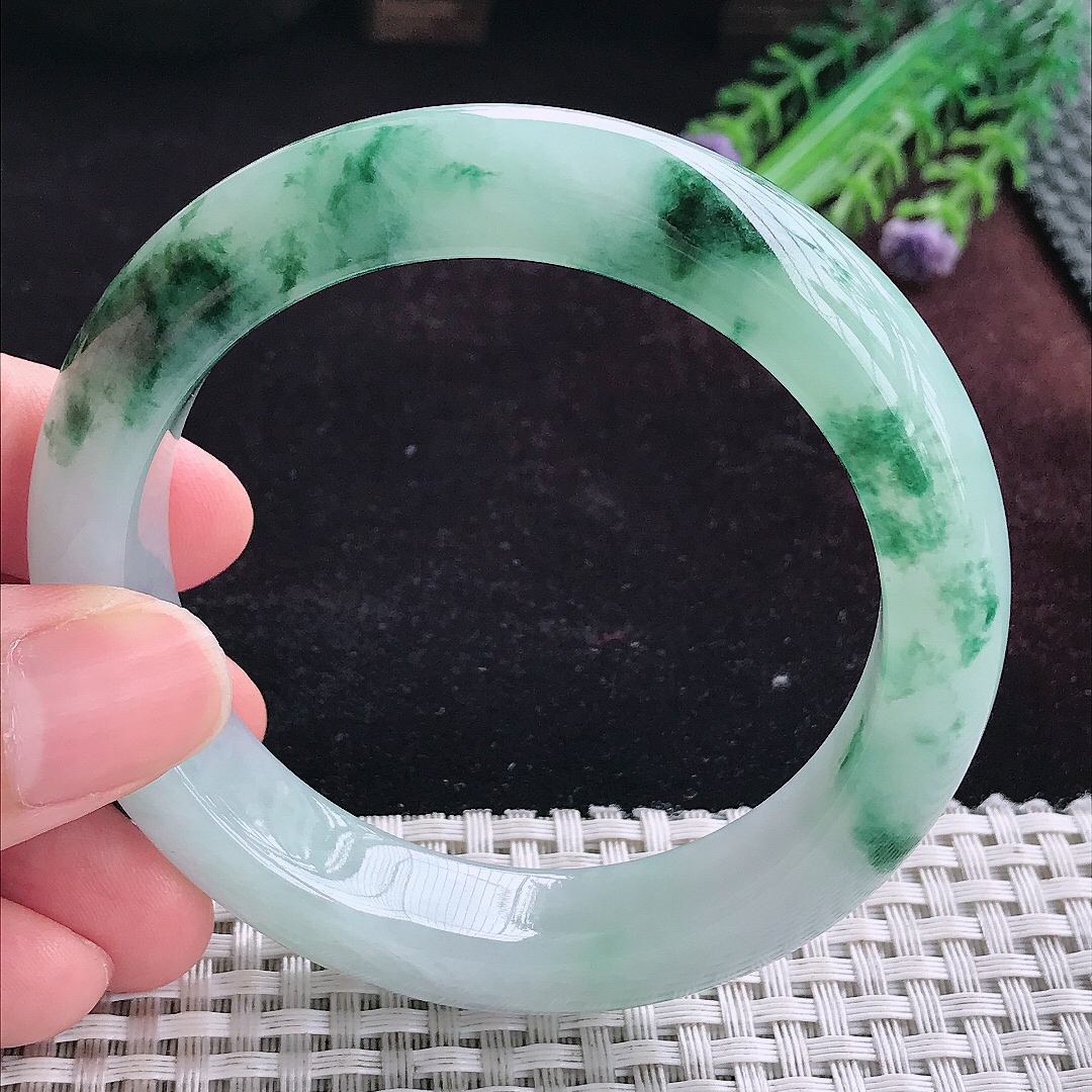实拍A货翡翠57.5/13.4/9.5老坑冰润起胶冰飘花手镯宽边玉镯平安镯手环