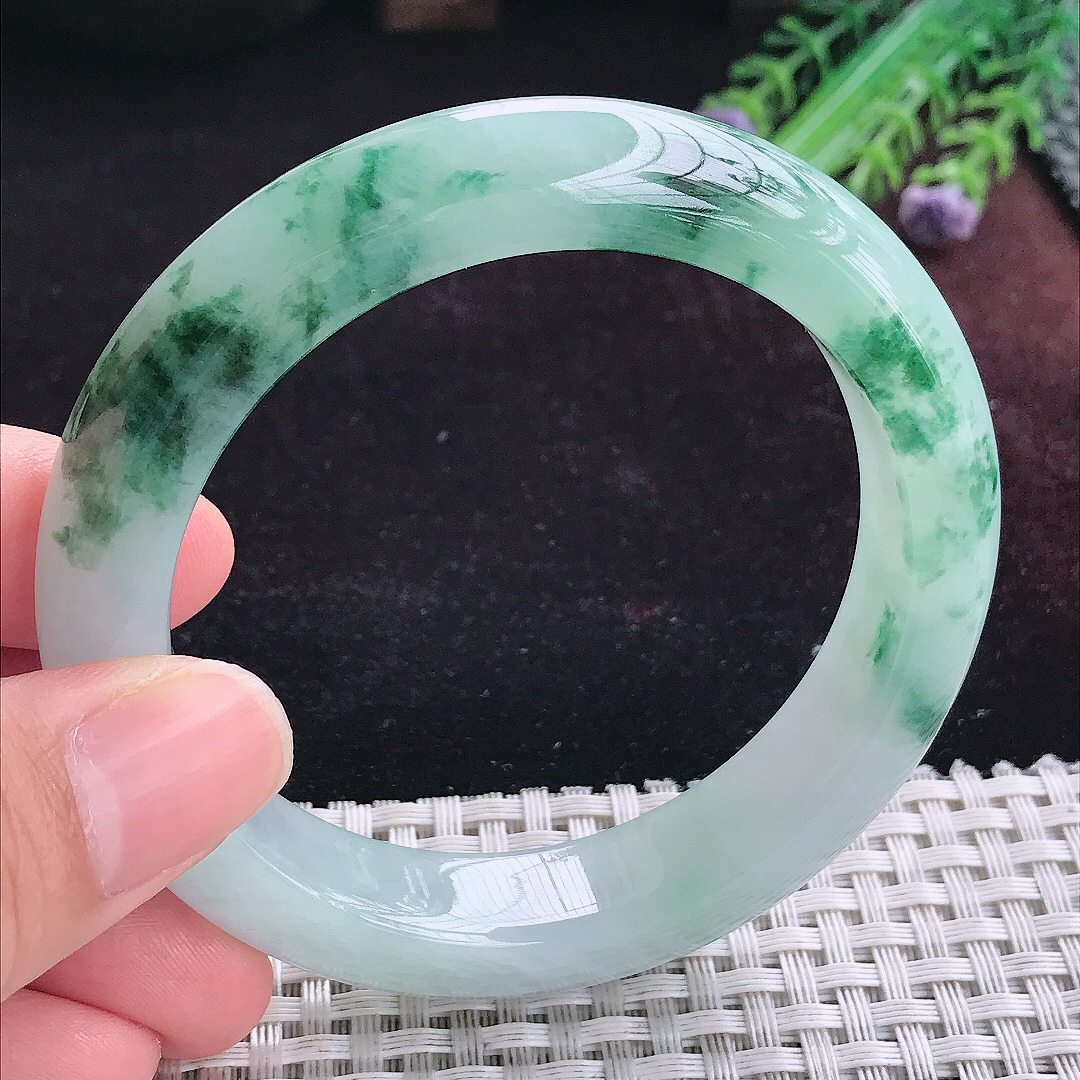 实拍A货翡翠57.5/13.4/9.5老坑冰润起胶冰飘花手镯宽边玉镯平安镯手环
