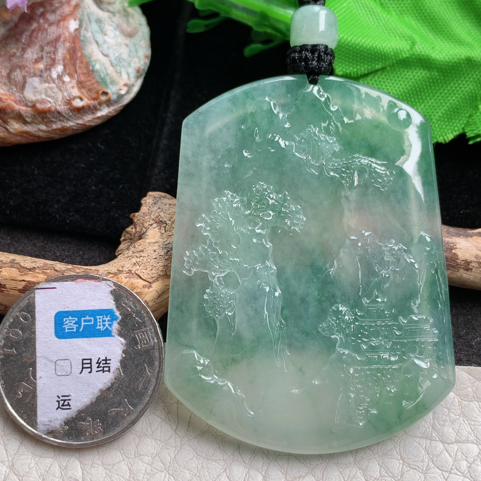 csy实拍55.8*42.8*5.2天然缅甸翡翠冰种睛水绿山水牌吊坠