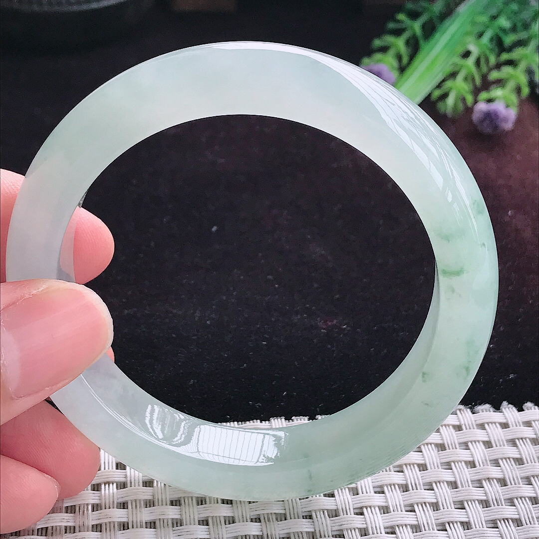 实拍A货翡翠55.5/12.7/8.8老坑冰胶冰飘花手镯宽边玉镯平安镯手环