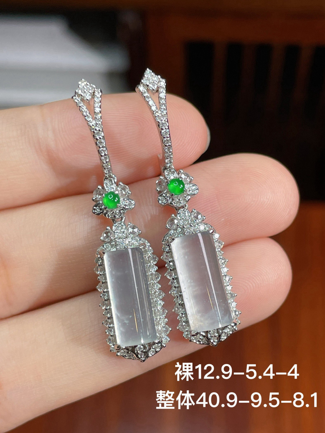 冰种耳坠 无裂，18k金镶嵌，12.9-5.4-4