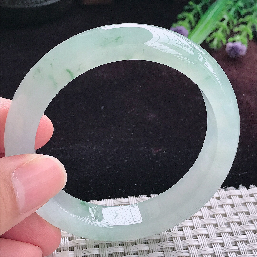 实拍A货翡翠55.5/12.7/8.8老坑冰胶冰飘花手镯宽边玉镯平安镯手环