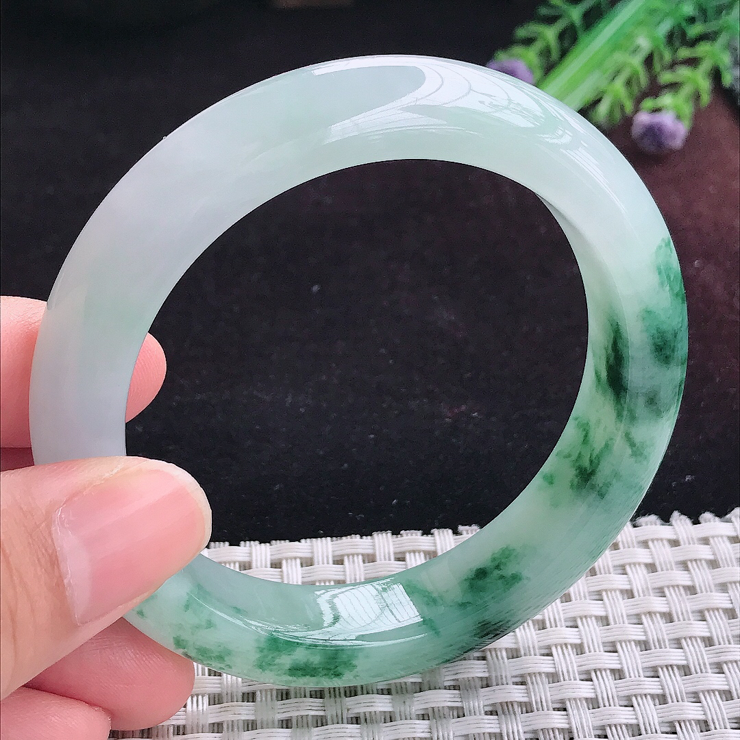 实拍A货翡翠57.5/13.4/9.5老坑冰润起胶冰飘花手镯宽边玉镯平安镯手环