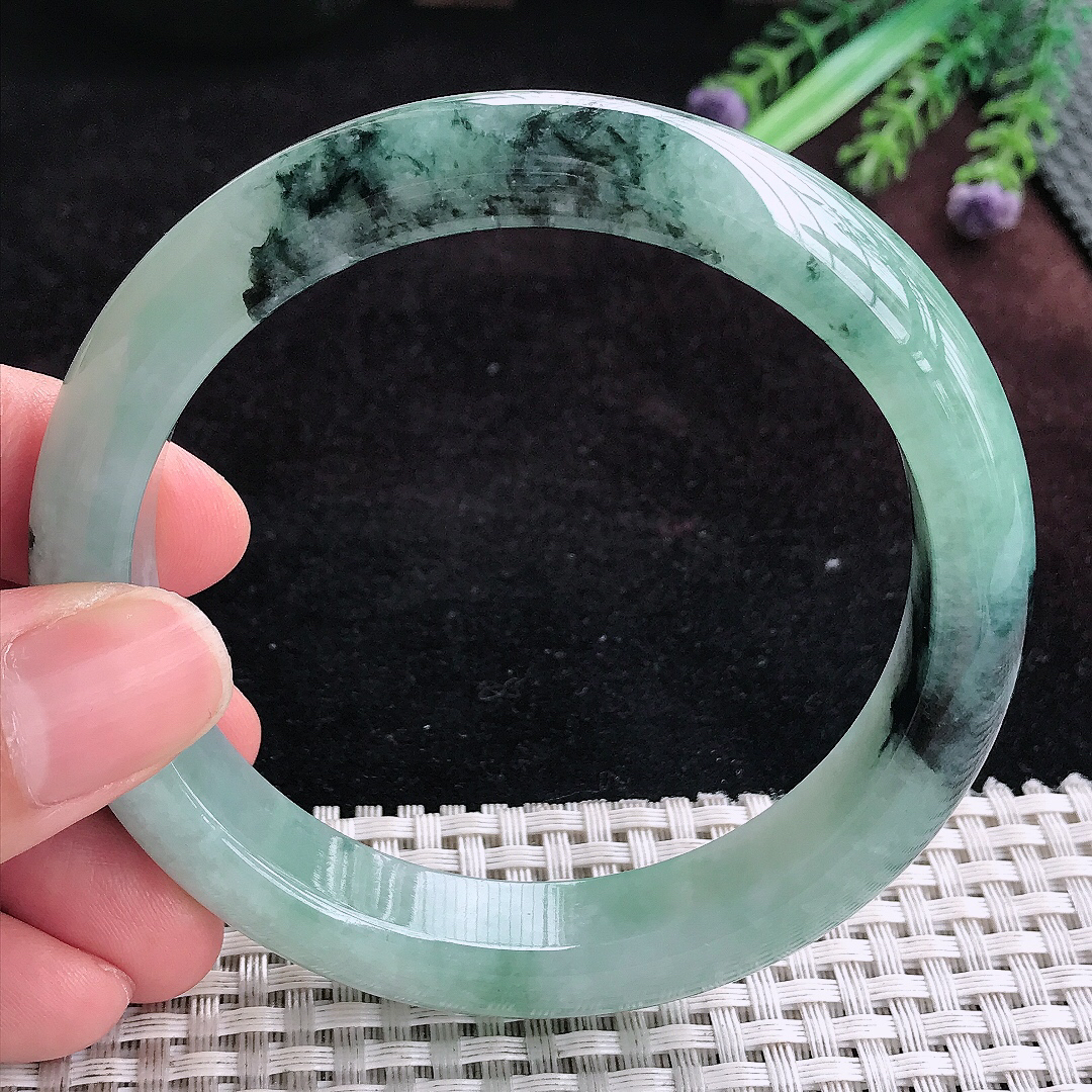 实拍A货翡翠62.5/12.6/8.8大圈口老坑温润特色飘花手镯宽边玉镯平安镯手环
