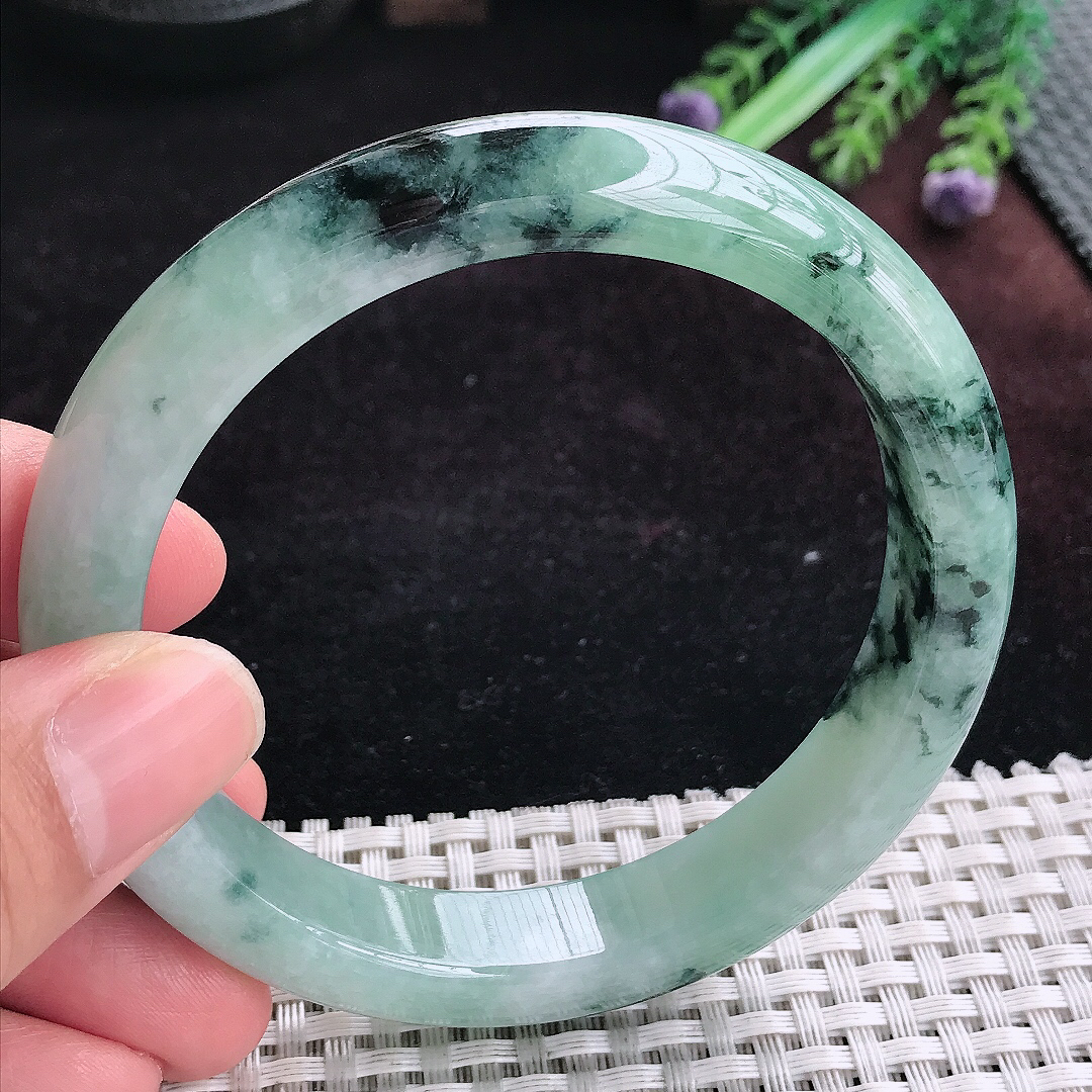 实拍A货翡翠62.5/12.6/8.8大圈口老坑温润特色飘花手镯宽边玉镯平安镯手环