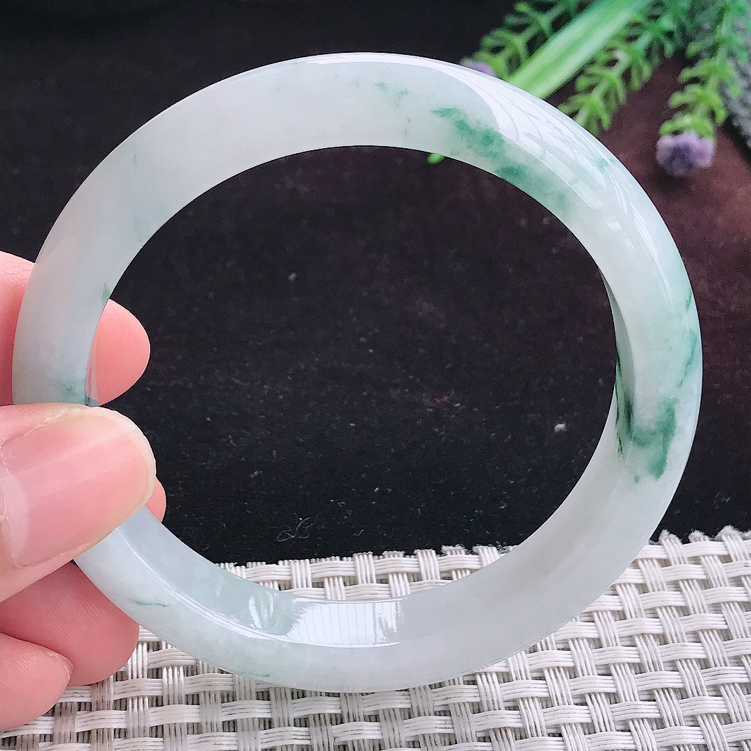 实拍A货翡翠58.8/11.9/8.3老坑温润冰飘花手镯宽边玉镯平安镯手环