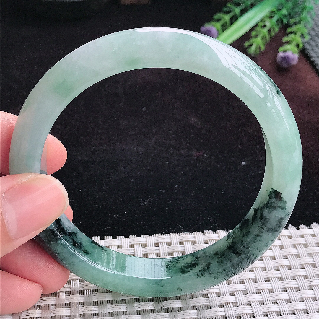 实拍A货翡翠62.5/12.6/8.8大圈口老坑温润特色飘花手镯宽边玉镯平安镯手环