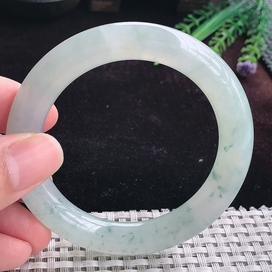 实拍A货翡翠55/10.1/10.6老坑冰润起胶冰飘花圆条手镯平安镯手环