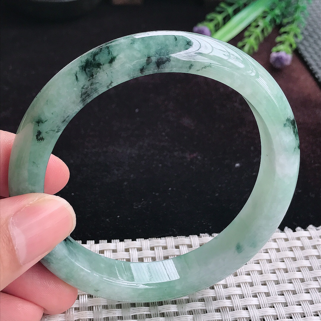 实拍A货翡翠62.5/12.6/8.8大圈口老坑温润特色飘花手镯宽边玉镯平安镯手环
