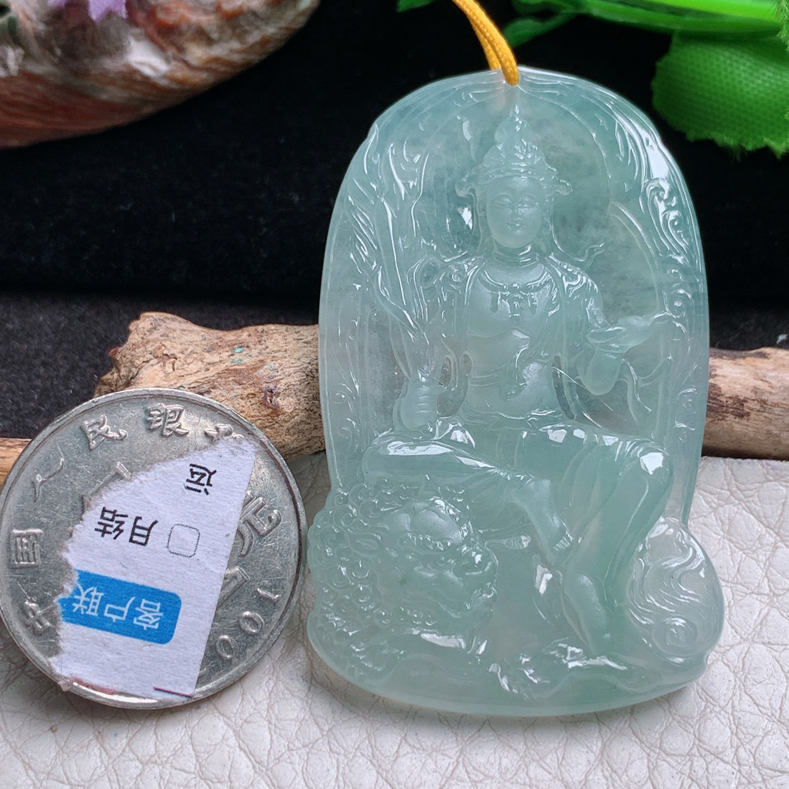 ktj实拍52.3*46.3*6缅甸翡翠精雕高品质冰晴文殊菩萨玉吊坠