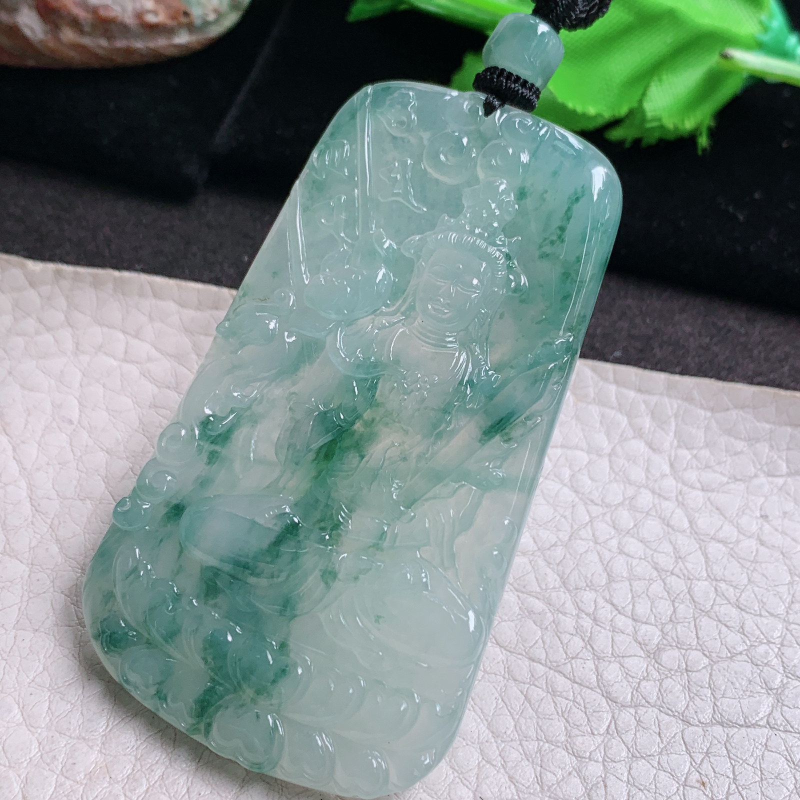 csy实拍68.5*40*5.8天然缅甸翡翠冰飘花虚空藏菩萨吊坠
