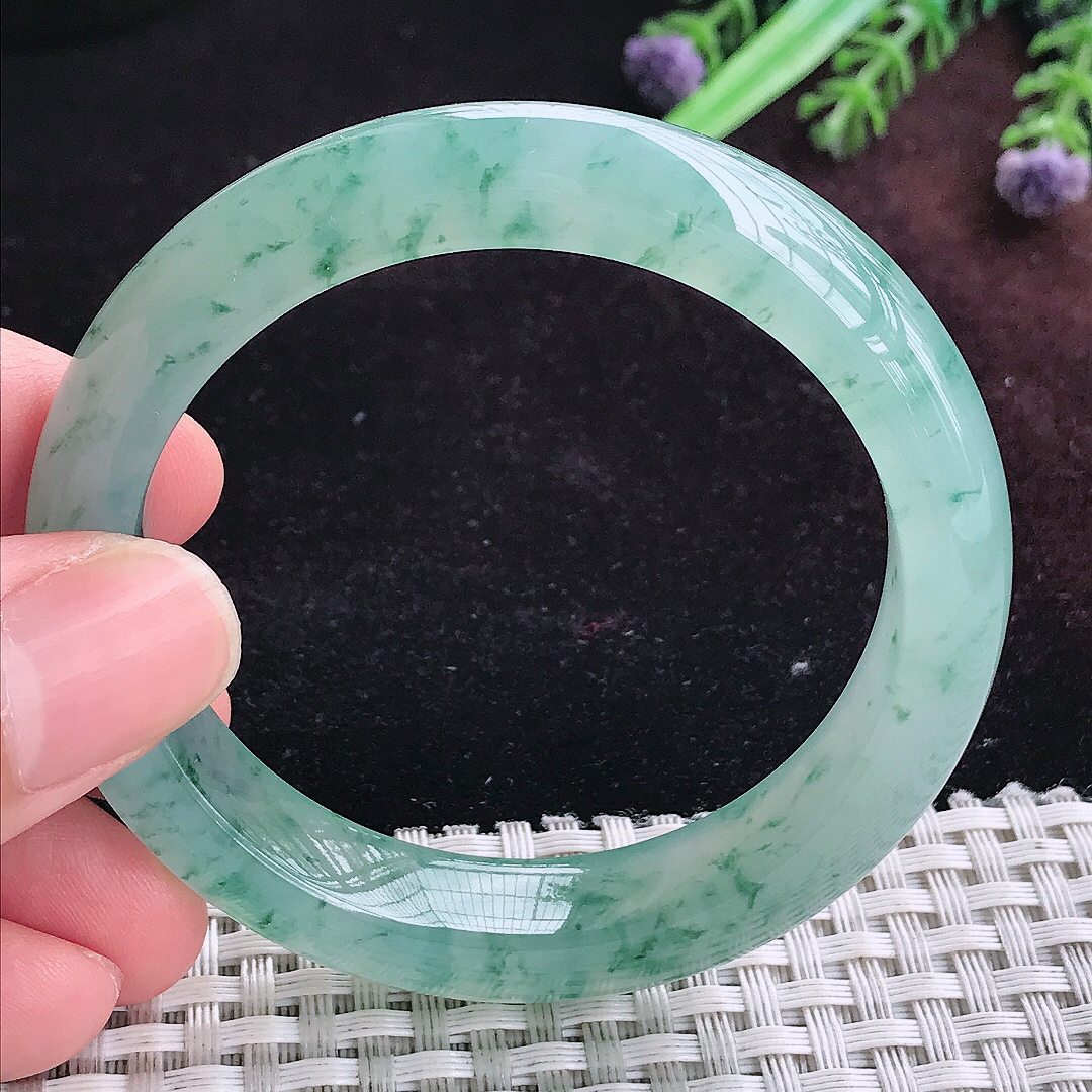 实拍A货翡翠51.5/11.5/8.3小圈口老坑冰飘花手镯宽边玉镯平安镯手环