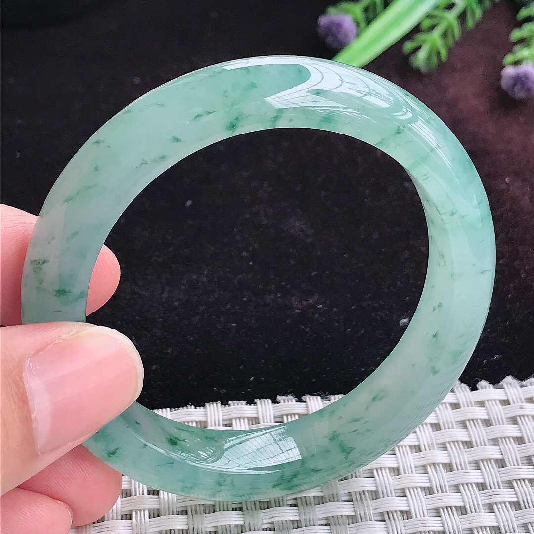 实拍A货翡翠51.5/11.5/8.3小圈口老坑冰飘花手镯宽边玉镯平安镯手环