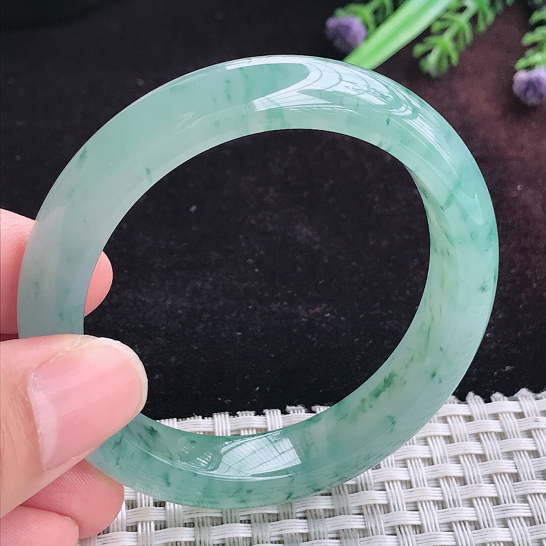实拍A货翡翠51.5/11.5/8.3小圈口老坑冰飘花手镯宽边玉镯平安镯手环