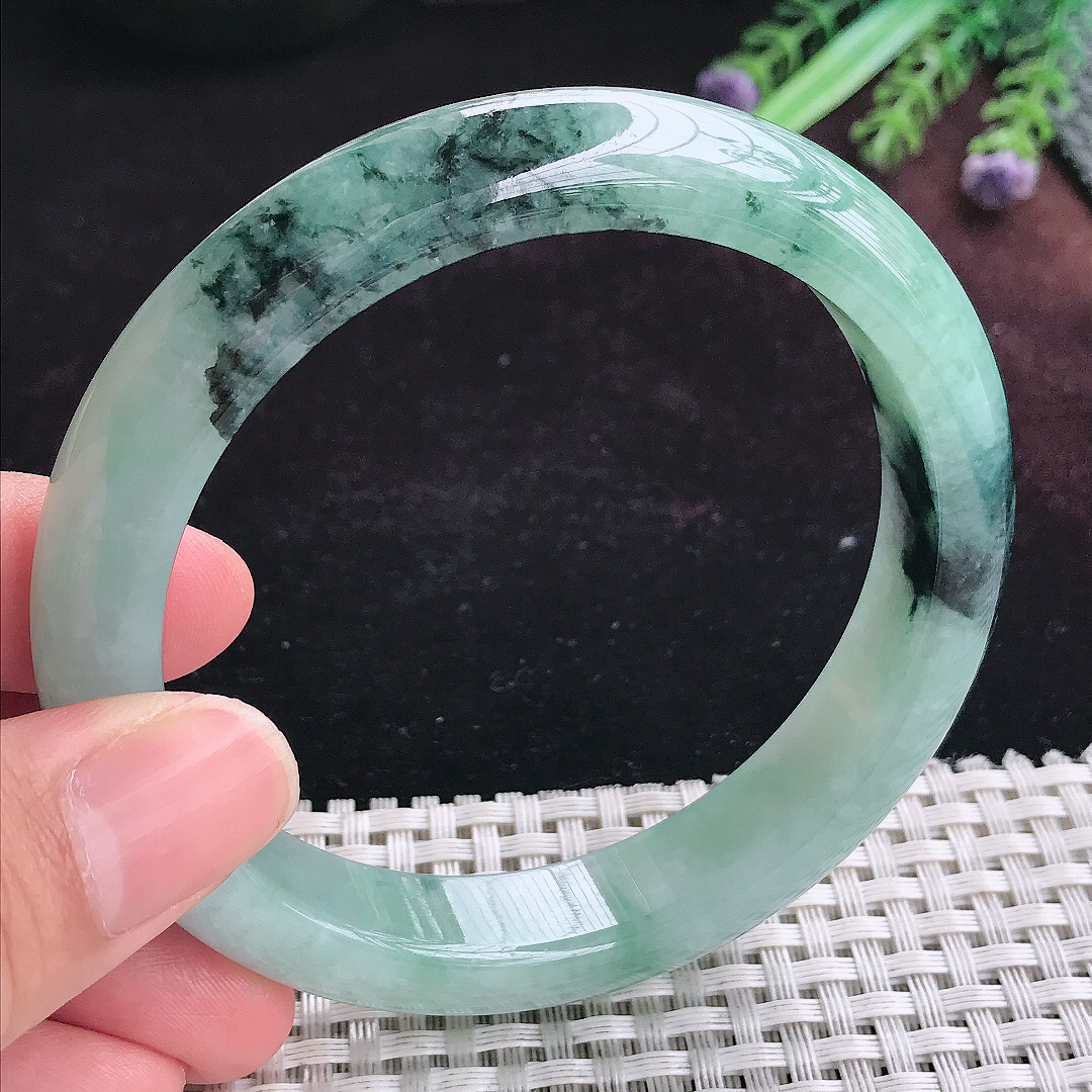 实拍A货翡翠62.5/12.6/8.8大圈口老坑温润特色飘花手镯宽边玉镯平安镯手环