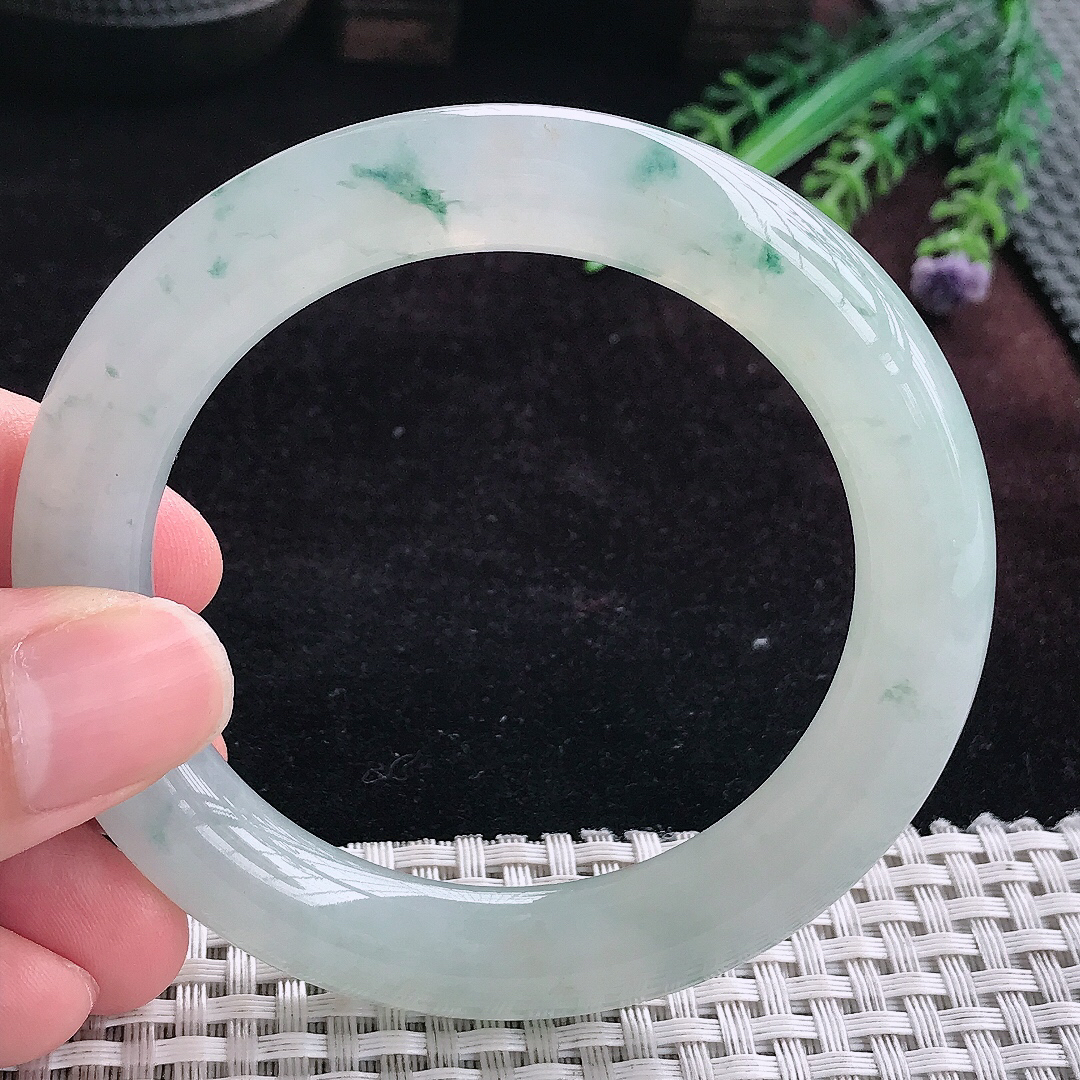 实拍A货翡翠55/10.1/10.6老坑冰润起胶冰飘花圆条手镯平安镯手环