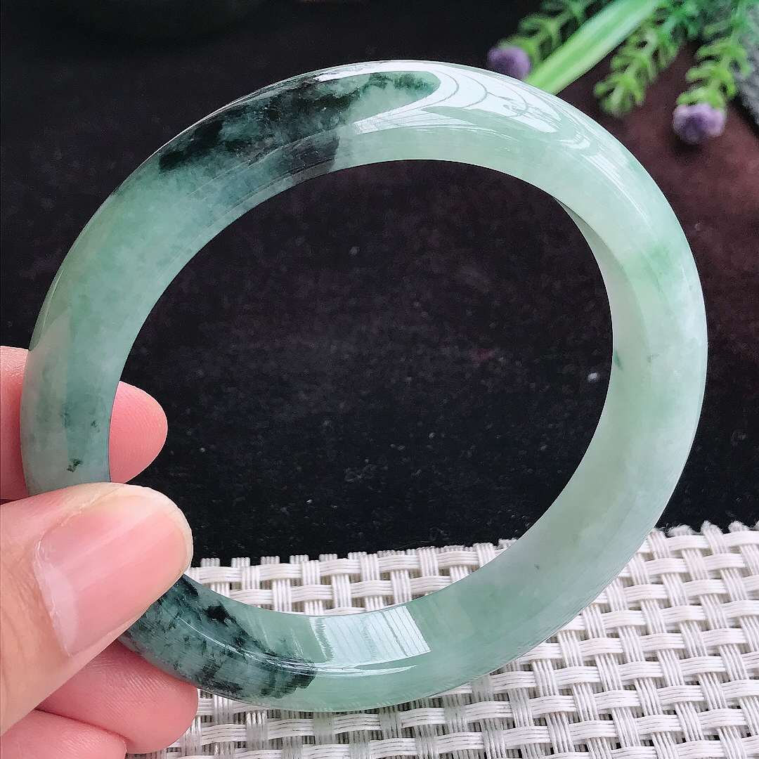 实拍A货翡翠62.5/12.6/8.8大圈口老坑温润特色飘花手镯宽边玉镯平安镯手环
