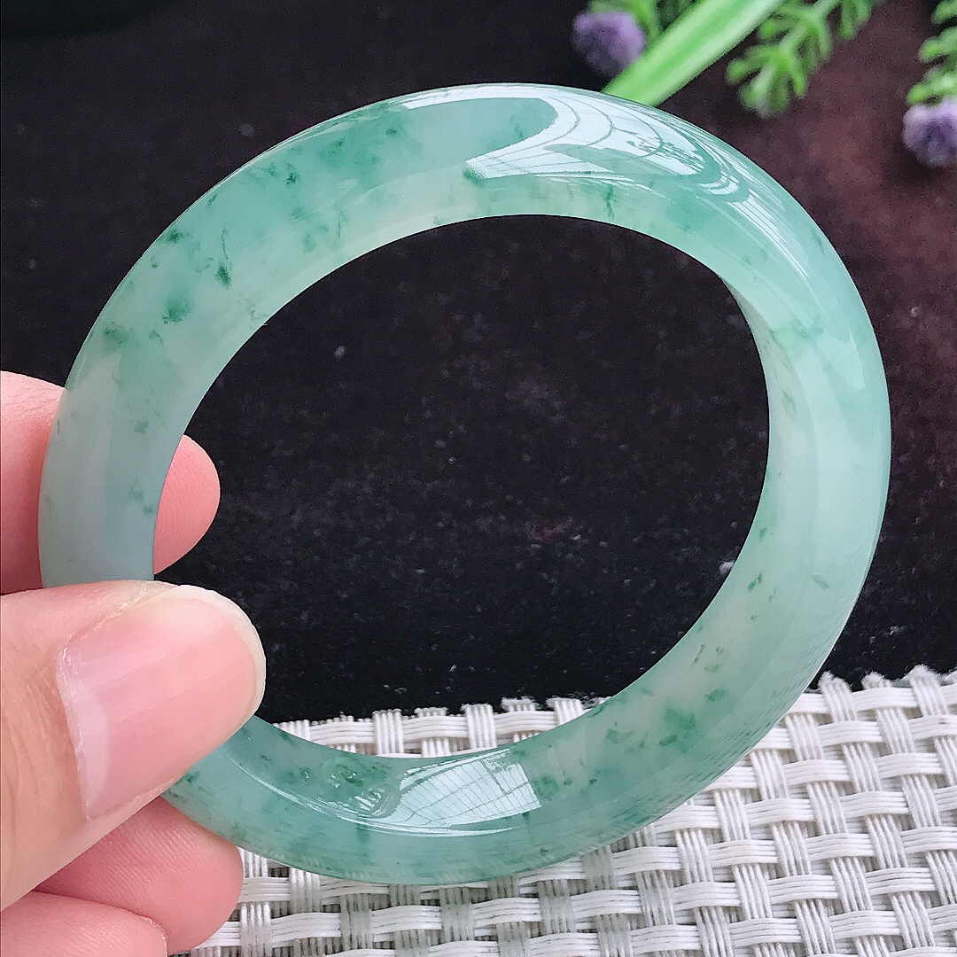 实拍A货翡翠51.5/11.5/8.3小圈口老坑冰飘花手镯宽边玉镯平安镯手环