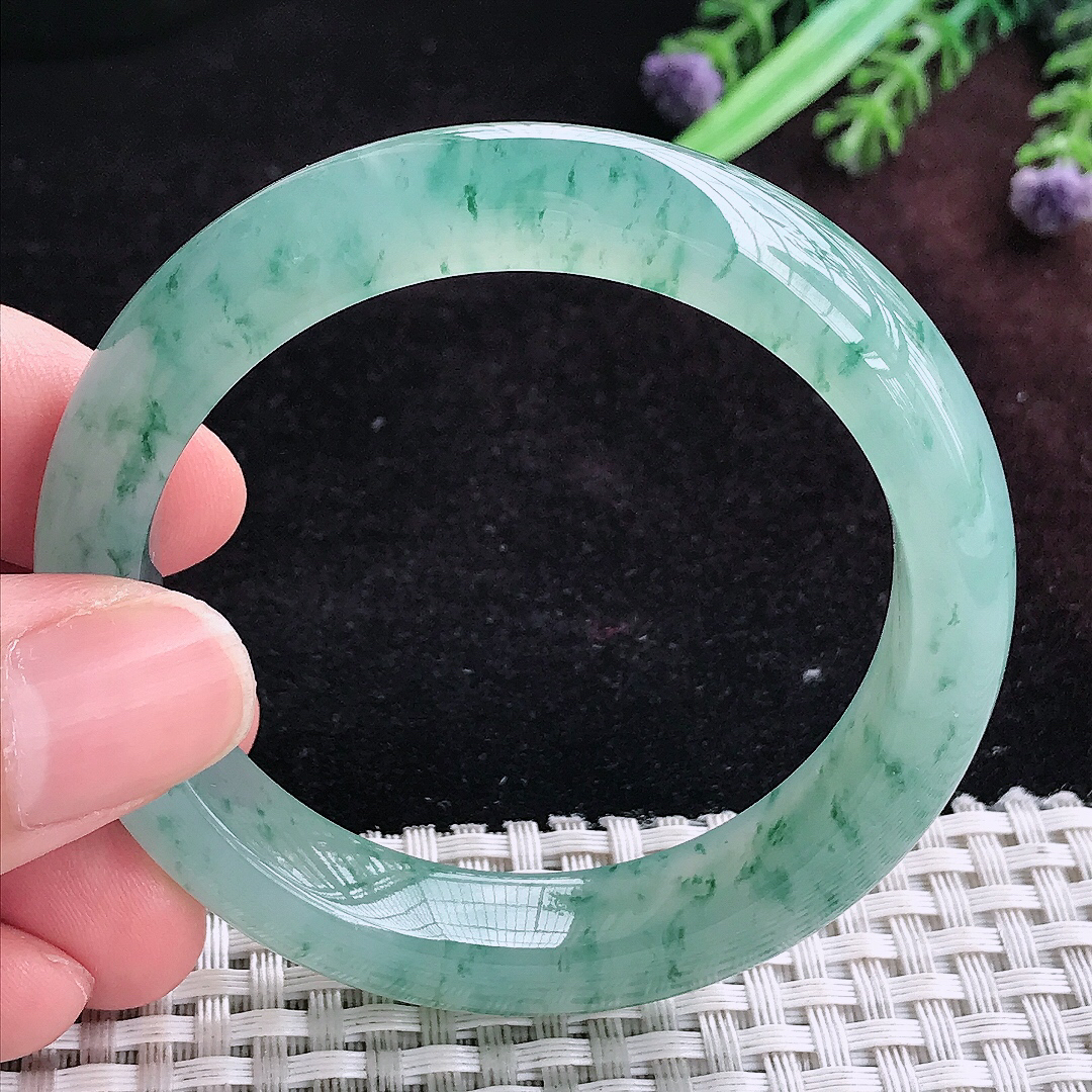 实拍A货翡翠51.5/11.5/8.3小圈口老坑冰飘花手镯宽边玉镯平安镯手环
