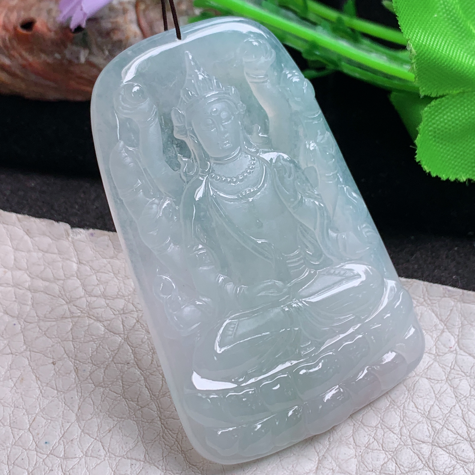 ktj实拍61.5*40*6缅甸翡翠精雕高品质冰胶千手观音玉吊坠