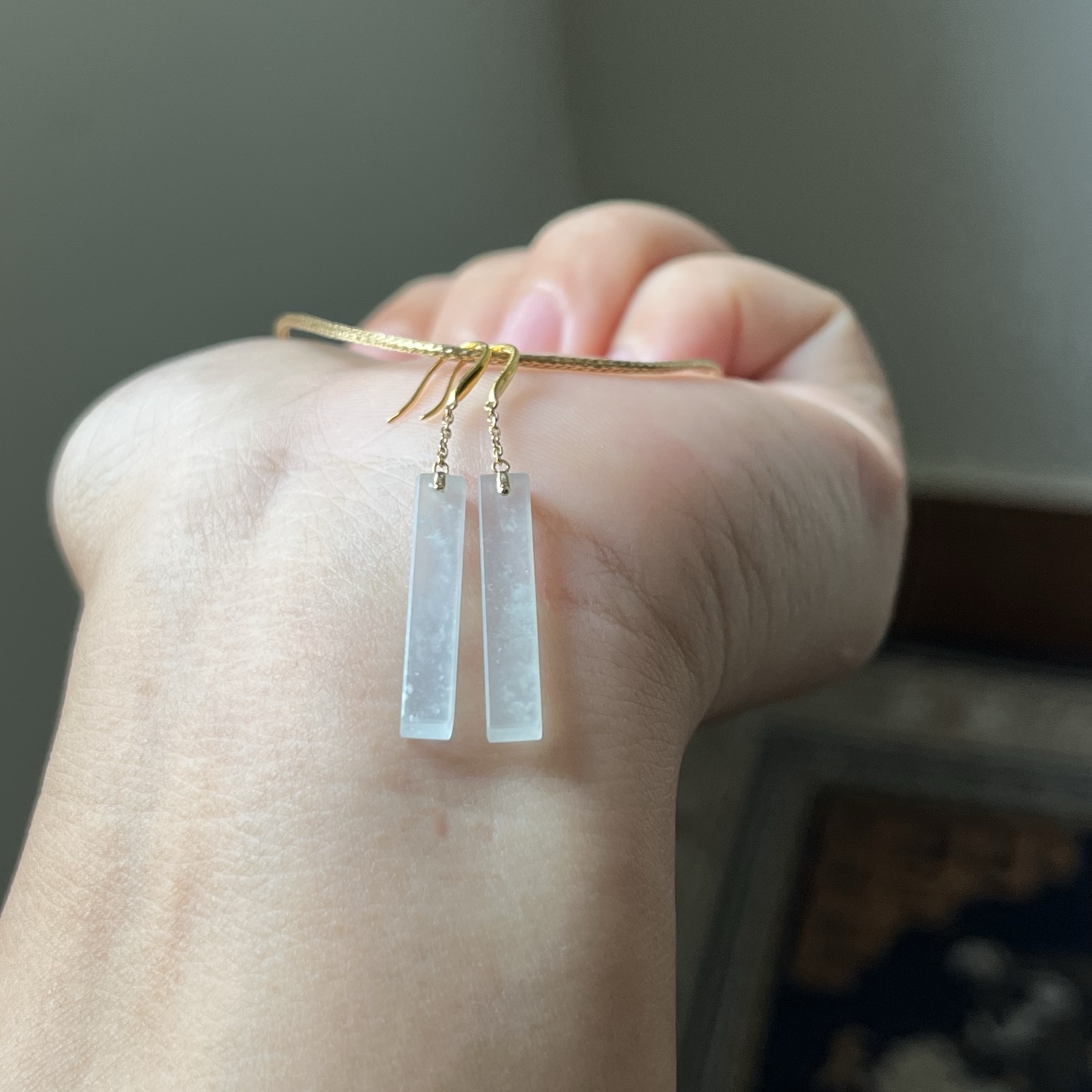 18K金扣镶冰种雪花棉方糖耳坠，种水好，冰透无裂，总长39.5，一对，超值