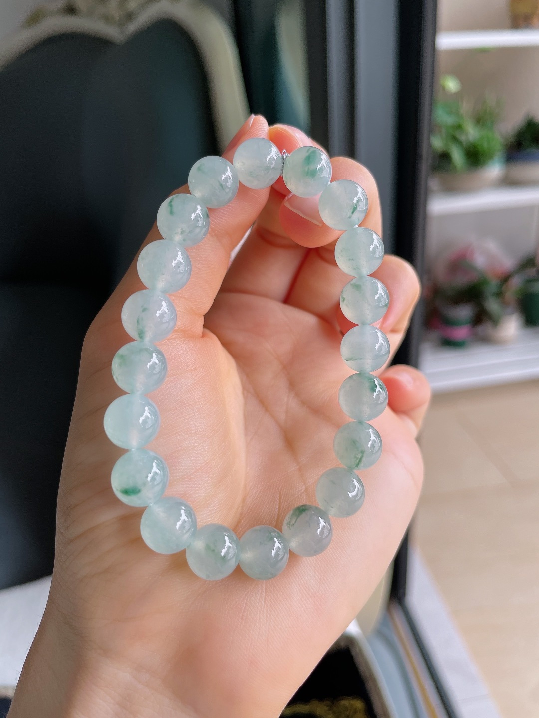 天然翡翠A货，冰飘花手链，尺寸：9.5mm。【编4071】