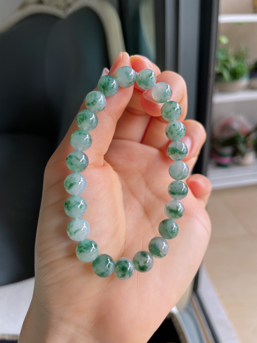 ️，天然翡翠A货，冰飘花手链，尺寸：8mm。【编4353】