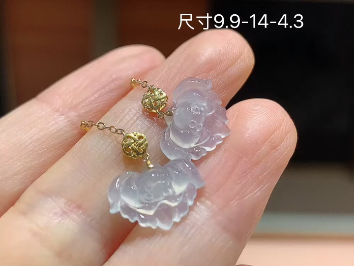 18K 冰种莲花耳坠 无裂, 尺寸，9.9-14-4.3