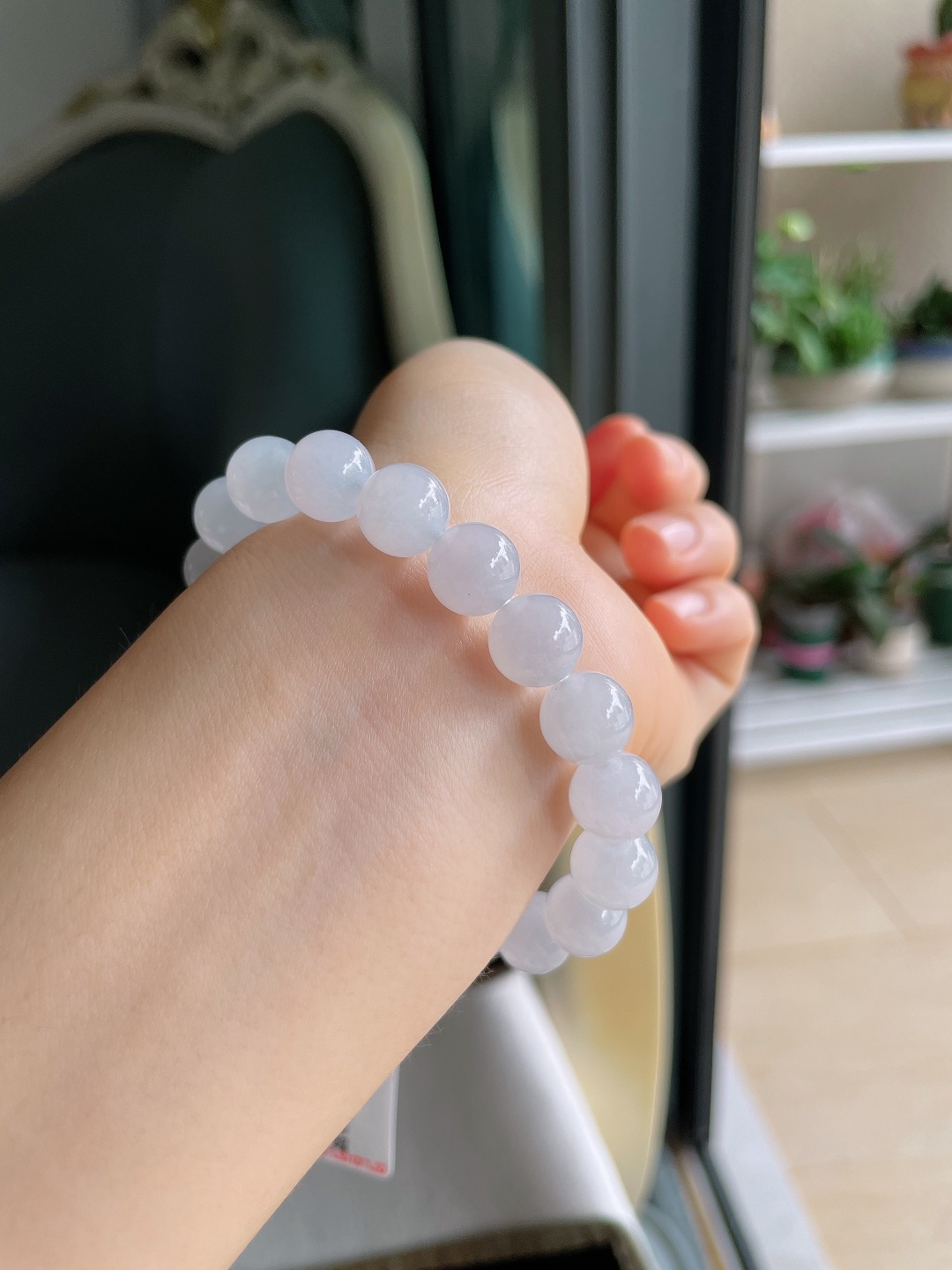 缅甸天然翡翠A货，白冰手串，尺寸：10mm。【编4457】
