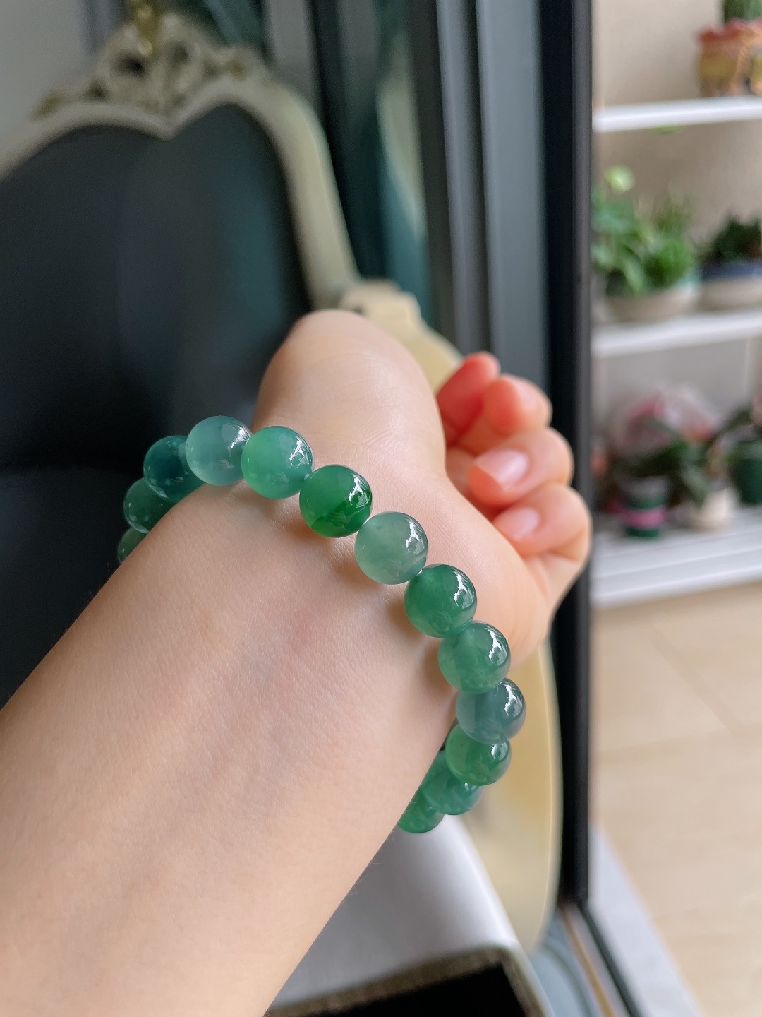 天然翡翠A货，冰蓝水多宝手串，尺寸：10mm。【编2997】